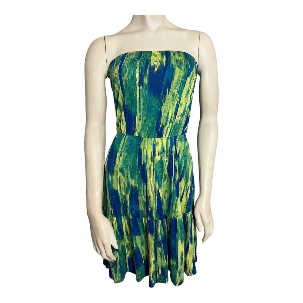 Gap Strapless Smocked Mini Dress Small Blue Green Abstract Print Stretch Summer